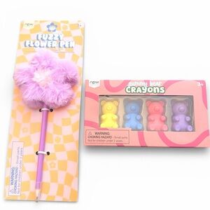 NPW Fuzzy Flower Pen and Gummy Bear Crayons - Purple and Multicolor